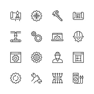 Engineering and manufacturing vector icon set in thin line style