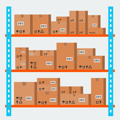Boxes on shelves. Warehouse concept. Vector flat illustration
