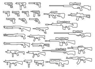Vector guns, weapons set in thin line style