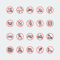 Prohibition signs linear vector icon set