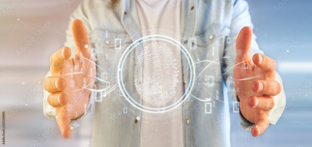 Poster businessman holding a digital fingerprint identification and binary code 3d rendering