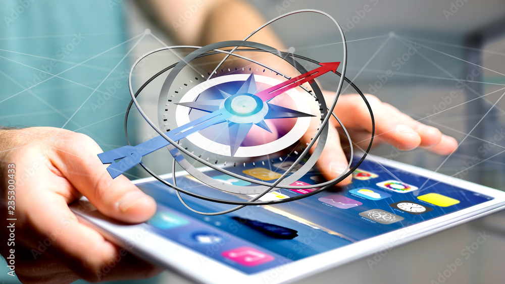Poster business man using a navigation compass on a smartphone - 3d rendered