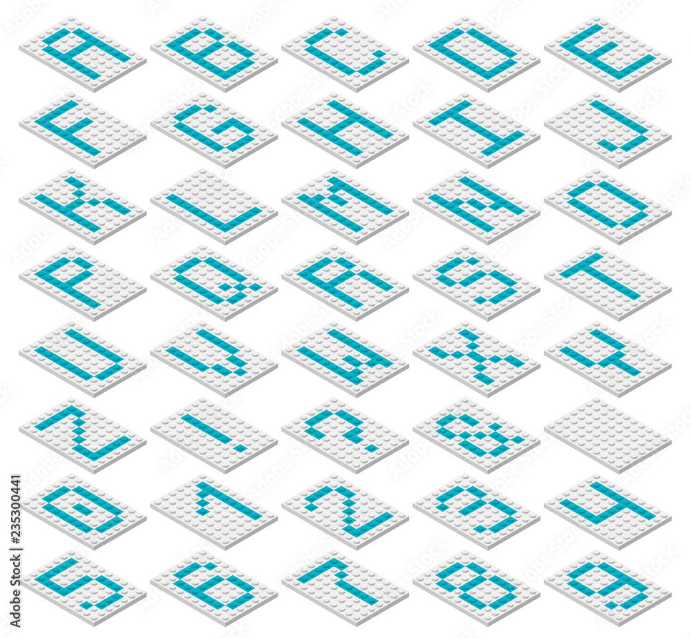 Aufkleber decorative monospaced font from plastic constructor blocks in isometric style