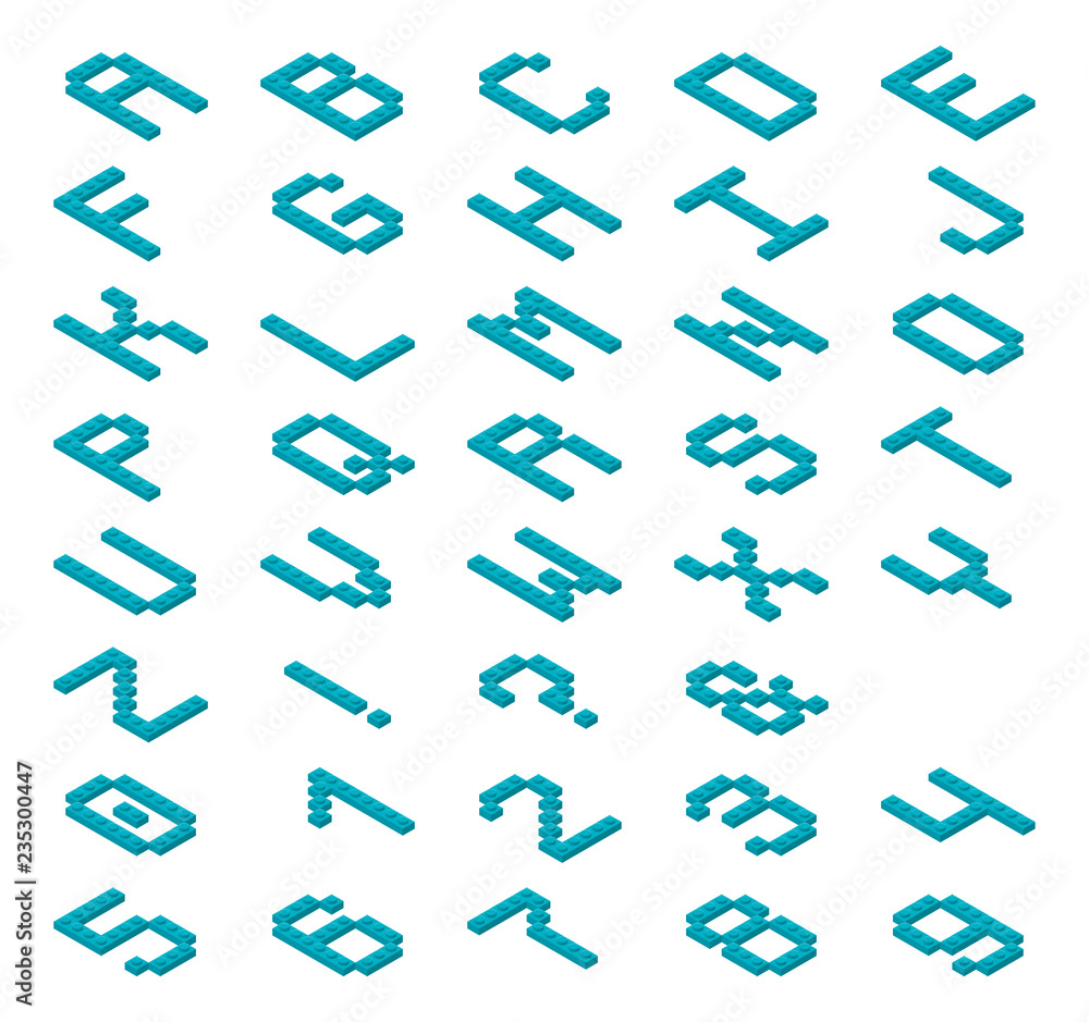 Aufkleber decorative monospaced font from plastic constructor blocks in isometric style