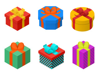 Colorful present and gift boxes with ribbon bows. Isometric vector illustration
