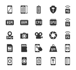 Smartphone parameters icon set: screen dimensions, resolution, ROM and RAM capacity, battery, GPS, camera and video, protection, number of sim cards and other