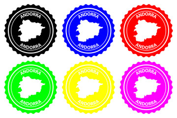 Andorra - rubber stamp - vector, Andorra map pattern - sticker - black, blue, green, yellow, purple and red
