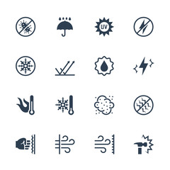 Vector icons set of external influence and protection from it. Antibacterial, water, heat, cold, dust, impact and scratch resistance, UV rays, shockproof , windproof, antistatic and etc. - obrazy, fototapety, plakaty