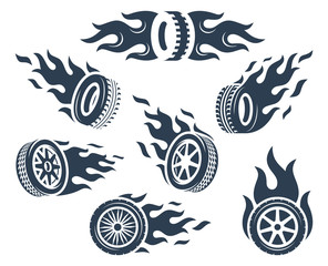 Set of wheels silhouettes with fire flame © D Graphics