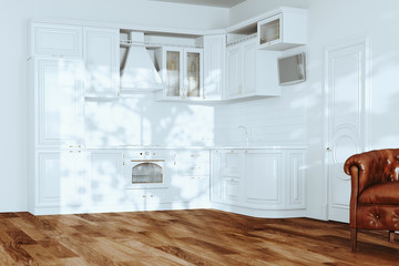 White Kitchen Interior with Leather Vintage Armchairs and Hardwood Floors in New Luxury Home 3d render