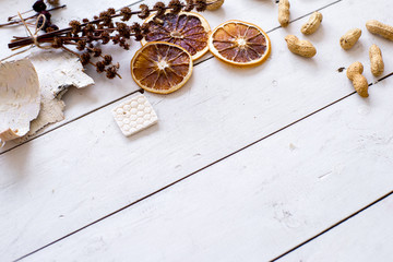 Set of christmas things on a wooden background