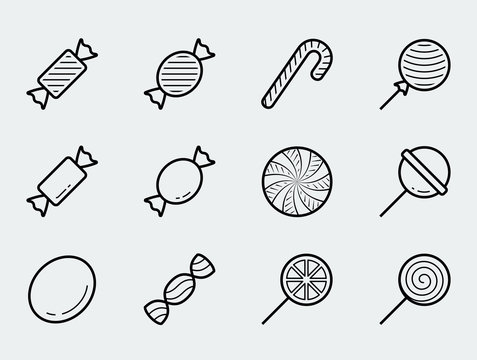 Candy vector icon set in thin line style