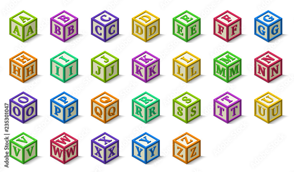Poster multicolored alphabet or abc blocks in isometric style, from a to z