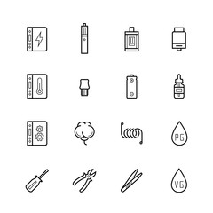 Vaping devices and accessories icon set in thin line style