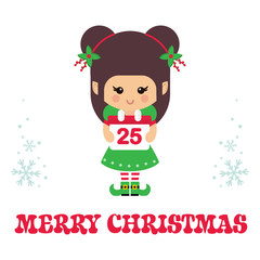 christmas cartoon cute elf with сhristmas calendar and christmas text