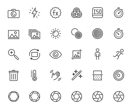 Photography and digital camera related vector icon set in thin line style