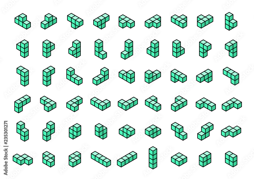 Poster green tetromino blocks in isometry vector icon set