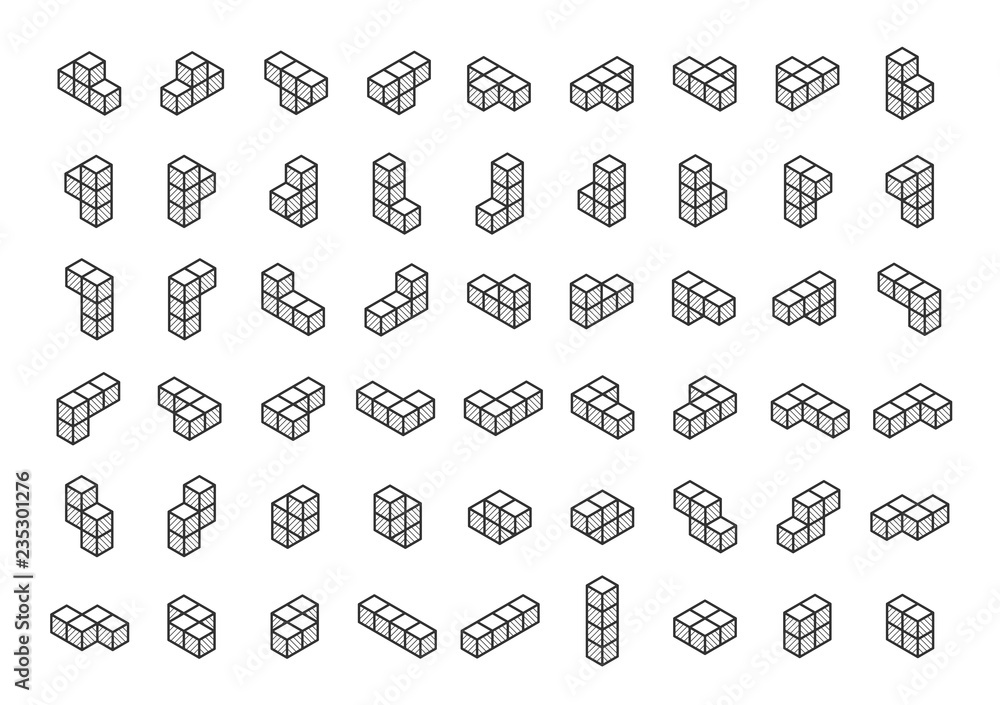 Poster tetromino blocks in isometry vector icon set in thin line style