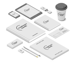 Stationery and accessories mock-up with template logo. Branding design. Mobile app, flash drive, book, paper cup, writing pad, business cards, letter envelope, leaflets, pen, pencil and eraser