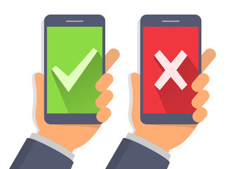 Green checkmark and red cross on smartphone screens. Hand holding smartphone. Flat design vector illustration