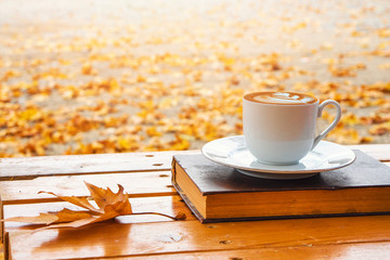 Autumn Fall Background with maple leaves and cup of coffee - Autumn Card