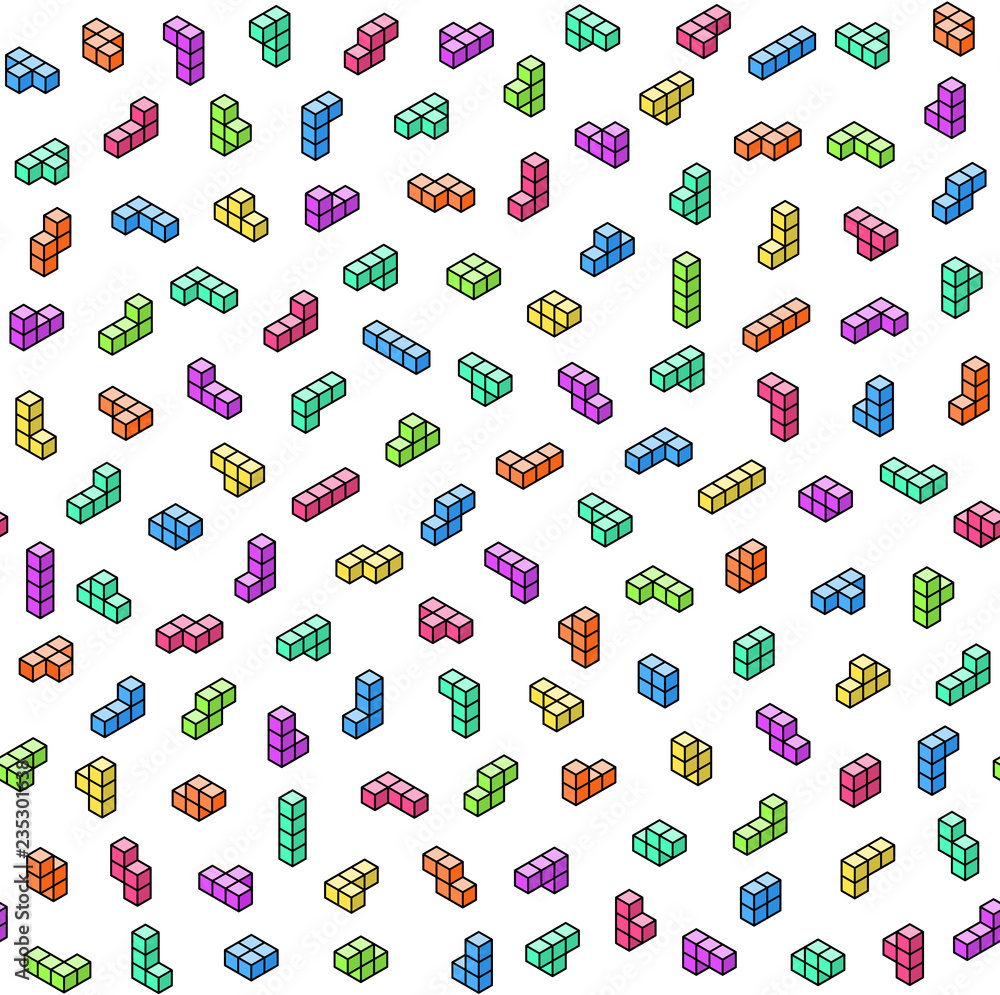 Poster colorful tetromino blocks in isometry on white background vector seamless pattern