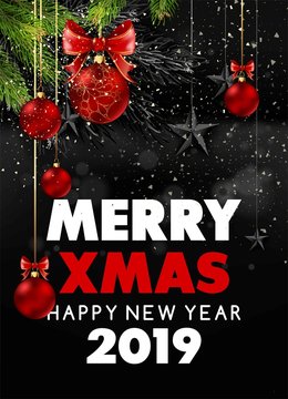 Merry Christmas and happy new year 2019 black snowy poster with fur tree branches
