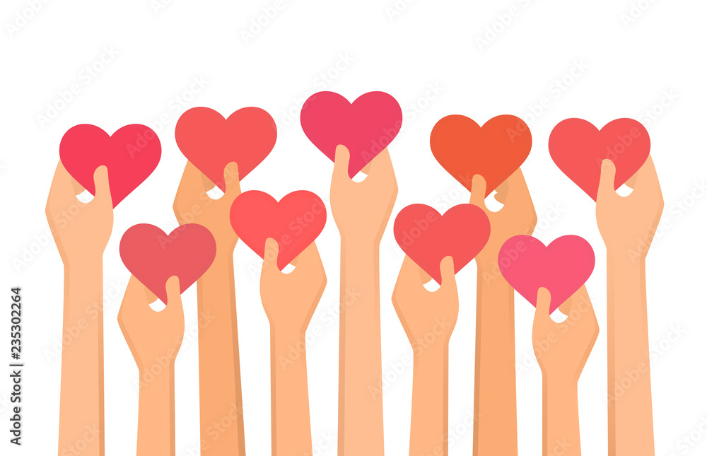 Wall mural vector illustration of hands holding hearts high up