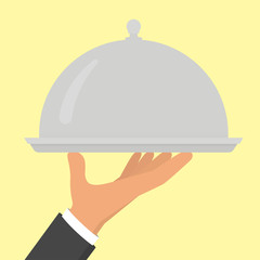 Closed food serving tray in hand. Vector illustration in flat style