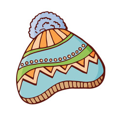 Winter knitted hat with pompon.