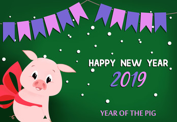 Happy New Year with piglet and flags poster design. Inscription with piglet in red neckband on green background with snowflakes and flags. Can be used for postcards, invitations, greeting cards