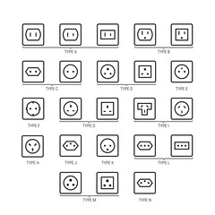 Electrical socket types vector icon set in thin line style
