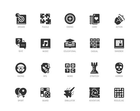 Video game genres vector icons set in glyph style
