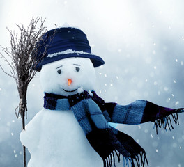 Merry christmas and happy new year greeting card with copy-space.Happy snowman standing in winter...