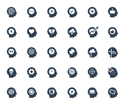 Psychology, brain activity and head related concepts glyph style icon set
