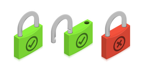 Closed and open locks with check and cross symbols. Isometric vector illustration