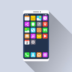 Smartphone and standard mobile applications on its screen. Flat design illustration