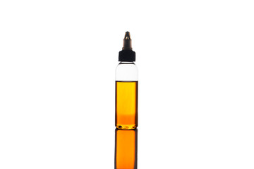 blank mock up advertising of the orange e-liquid, e-juice in the bottle isolated on the white background with copy space (flacon with pipette)