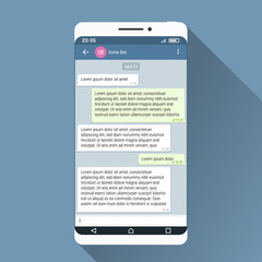 Smartphone and messenger application on its screen. Flat design illustration