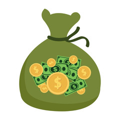 Bag with money. Isolated on white background. Vector illustration. EPS 10. Dollars. Green bag.