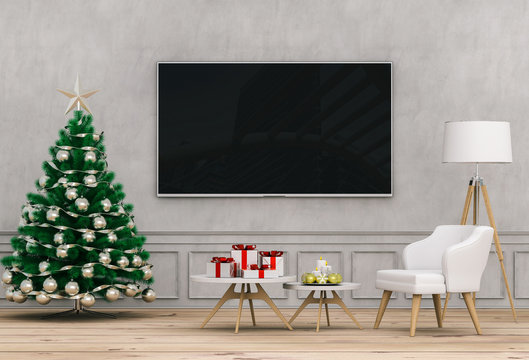 mock up smart tv. Christmas interior living room. 3d render