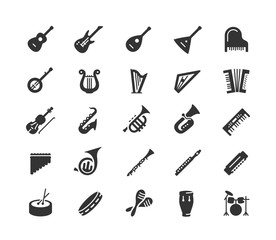 Musical instruments vector icon set in glyph style - obrazy, fototapety, plakaty