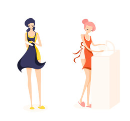 Two cute girl cleaners. Girl with pink hair is washing a plate and brunette  is washing dishes.