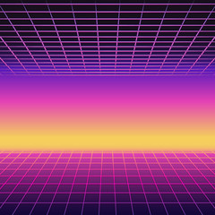 Retro 80s futuristic design. Neon sunset background with laser grids
