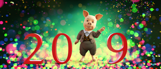 Happy cartoon pig with 2019 letters for happy new year,as 2019 is the year of the pig,3d illustration