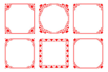 Vector set of square frames with hearts, flourishes