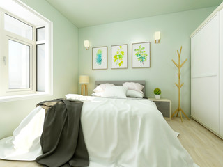 Cozy bedroom in light green wall paint