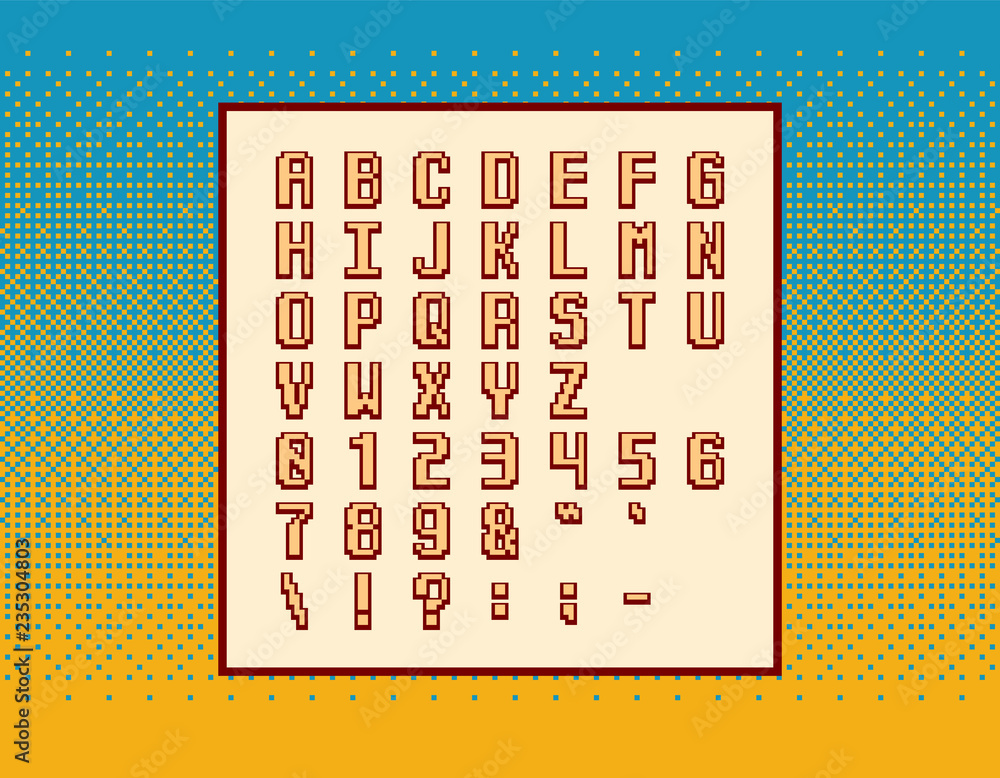 Aufkleber retro vector pixel video game font - symbols, letters and numbers over dithering background