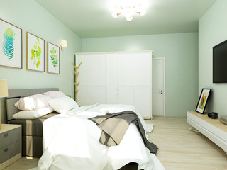 Light green tones bedroom with white custom closet and TV