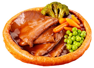 GIANT YORKSHIRE PUDDING WITH ROAST BEEF AND VEGETABLES CUT OUT